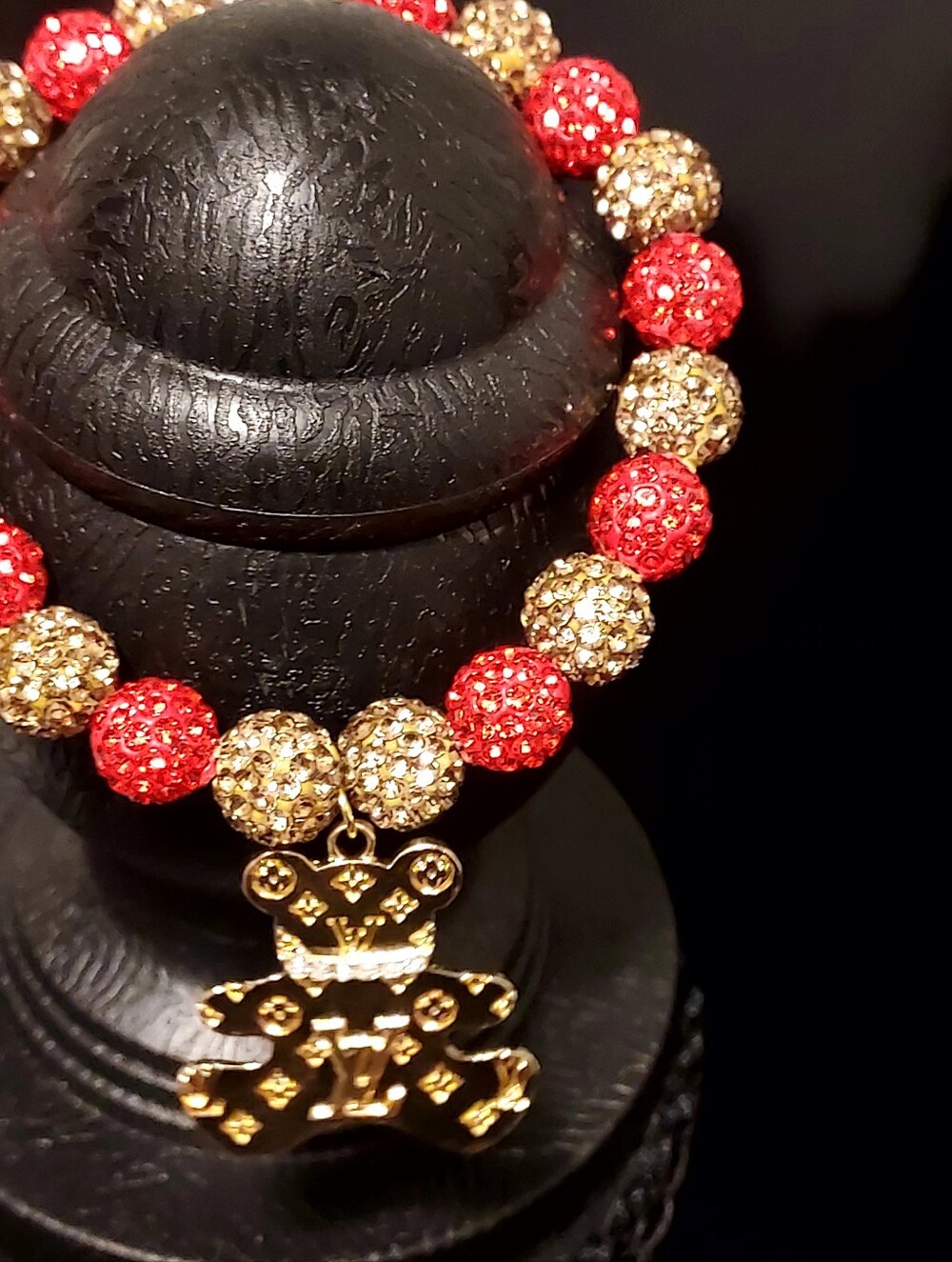 Handmade Gold and Red Crystal Bead Teddy Charm Bracelet - Women Jewelry